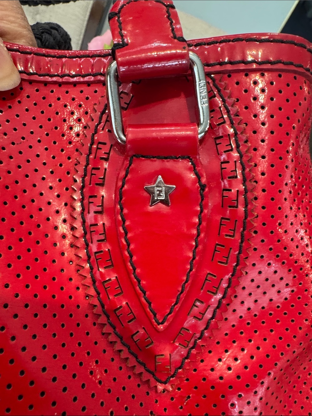 Authentic Fendi Red Patent Satchel with Black Braided Handles - Picture 10 of 17